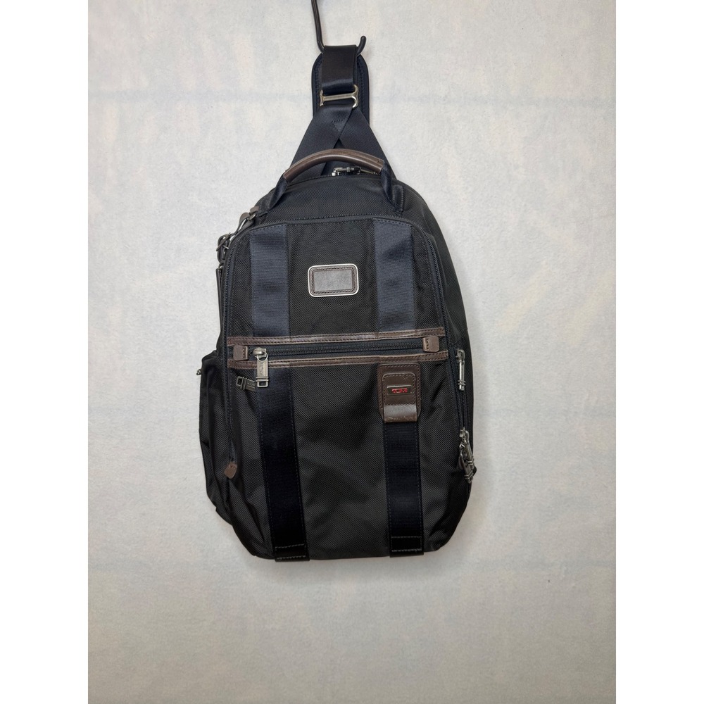 Tumi Alpha Bravo Sling Backpack Black Ballistic‎ Nylon Brown Leather Trim Travel